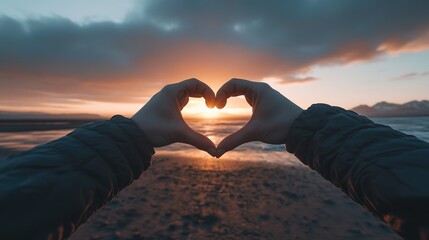 Heart Shaped Hands Framing Sunset Over Water