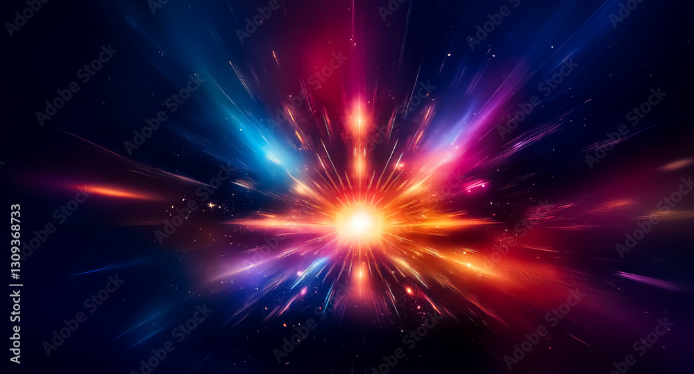 Poster Vibrant abstract background featuring a central burst of radiant light emanating outwards with dynamic beams of blue, red, and orange against a dark backdrop.