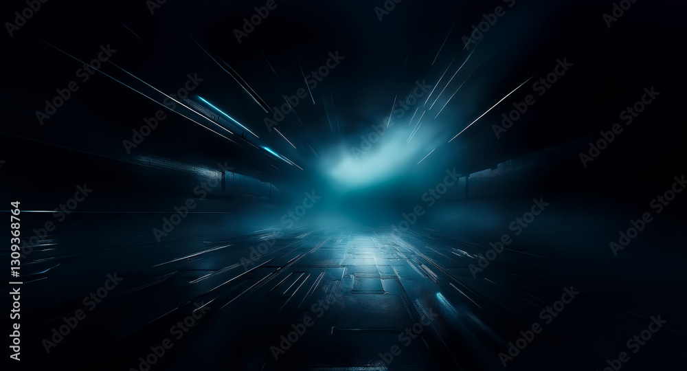 Aufkleber Abstract background with dynamic blue and white light streaks radiating from a central point, creating a sense of speed and depth in a dark setting.