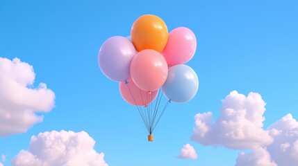 Naklejka premium Pastel balloons float on a bright blue sky among fluffy clouds.