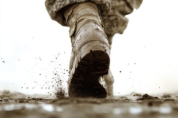 Soldier's Boot Walking Through Muddy Terrain in Foggy Environment