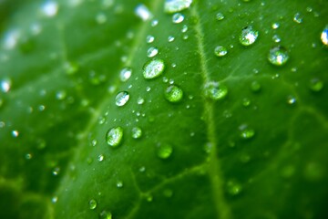  A macro shot of raindrops on a green leaf with tiny reflections of the surroundings.