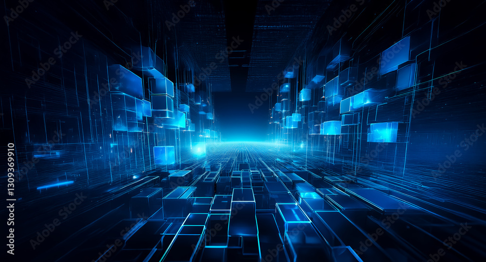 Poster abstract background of blue geometric shapes and lines creating a futuristic perspective. illuminate