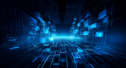 Abstract background of blue geometric shapes and lines creating a futuristic perspective.  Illuminated rectangles and squares give a sense of depth and technology.