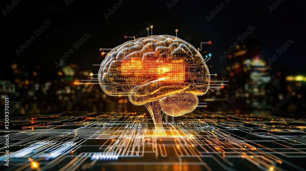 Poster high-quality ai concept background featuring binary codes, circuit connections, and a digital grid.