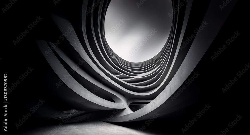 Poster Abstract background featuring a dramatic, curved, and layered architectural structure.  Monochromatic tones create depth and emphasize the abstract nature of the design.
