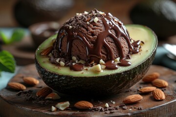 Chocolate avocado dessert: a scoop of chocolate on avocado drizzled with chocolate syrup and almond pieces for a healthy treat