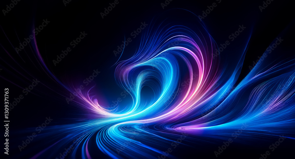 Poster vibrant streaks of blue and magenta light swirl dynamically against a dark backdrop, creating an abs