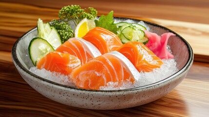 Japanese-style sashimi plate with delicate salmon fillets, cold ice, and coral accents.