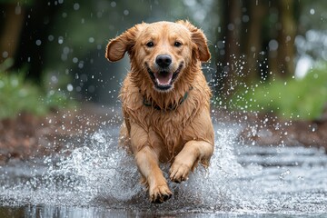Playful golden retriever splashing through puddles in rain, showcasing joy and energy. dog is wet and happy, surrounded by natural setting