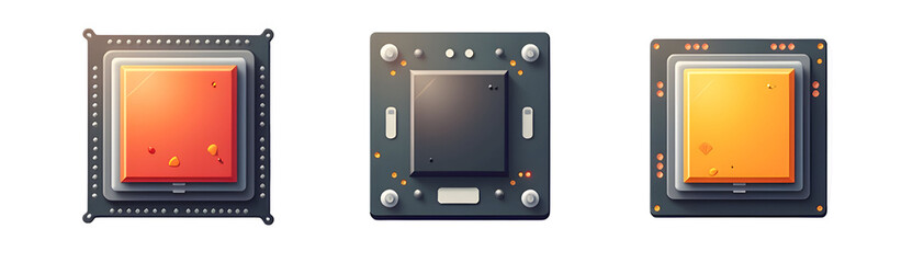 Fototapeta premium Three microchips displayed in a row, showcasing intricate electronic designs and vibrant colors.