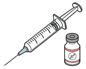 A syringe filled with liquid next to a small vaccine vial, isolated on white background.
