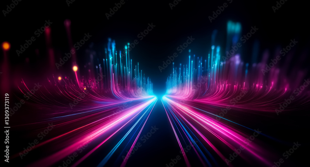Poster abstract background featuring blurry streaks of blue and pink light converging towards a central bri