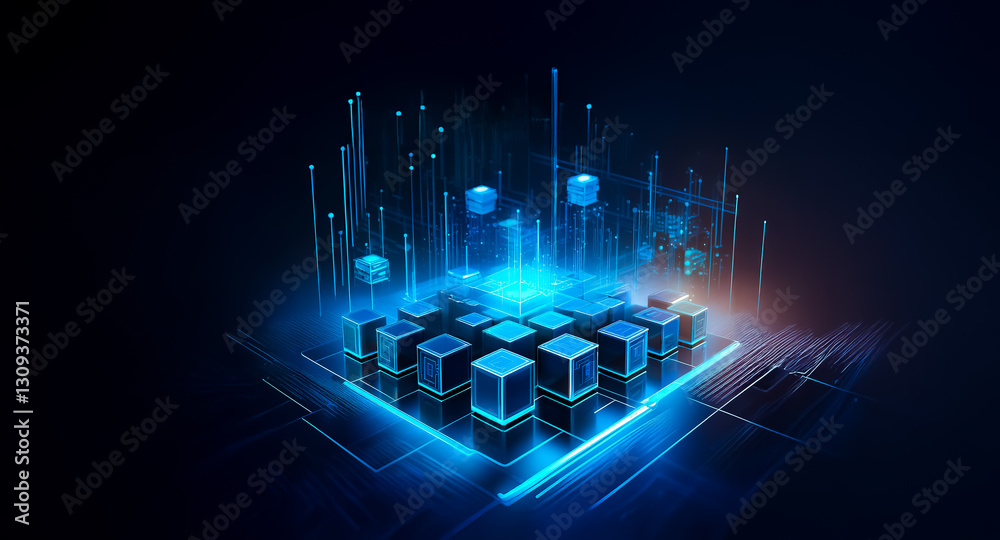 Leinwandbilder abstract background featuring glowing blue cubes and lines forming a futuristic digital grid with a 