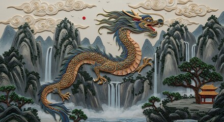 Fototapeta premium Majestic Dragon Leaping Through Mountains with Waterfalls and Temple Scenery