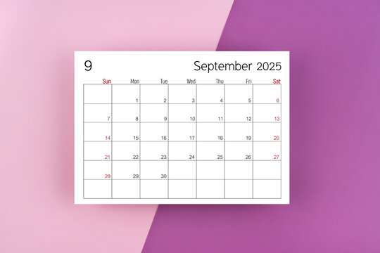 September 2025 calendar page on purple two tone color background.