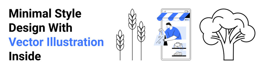 A person orders online via a storefront while wheat stalks and a tree symbolize nature and sustainability. Ideal for e-commerce, agriculture, eco-friendliness, digital marketing, retail