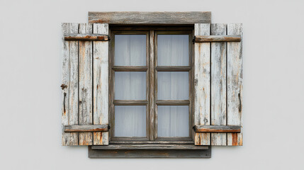 Fototapeta premium A charming wooden shuttered window, slightly open, revealing a glimpse of a bright sky beyond