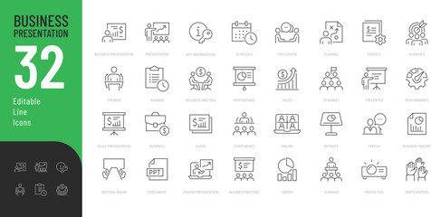 Business Presentation Line Editable Icons set. Vector illustration in modern thin line style of business related icons: speaker, meeting, discussion, and more.