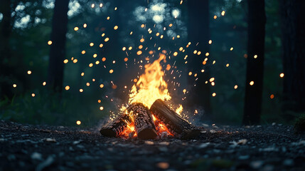 vibrant campfire with sparks flying in serene forest setting, creating warm and inviting atmosphere