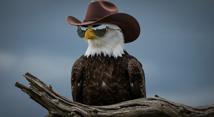 Bald Eagle Perched Wearing Cowboy Hat and Sunglasses on Branch