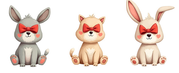 Fototapeta premium Three cute cartoon animals with bows, featuring a bunny, cat, and rabbit, all with playful expressions.