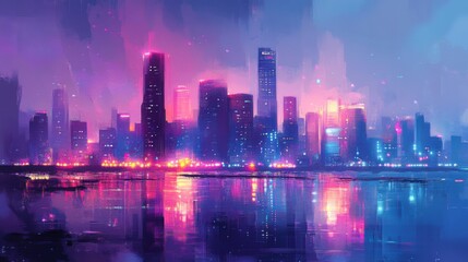 Vibrant Pink And Blue City Nightscape Reflection