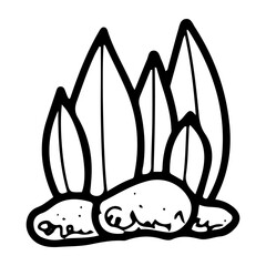 Foliage bush in rocks. Hand drawn doodle. Tropical leaves. Herbaceous plant. Botanical grass. Exotic landscape. Vector line art illustration.