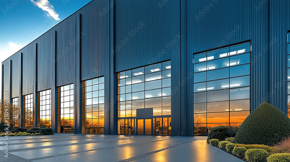 Aufkleber modern factory building with large glass windows reflecting sunset. sleek design and surrounding greenery create striking visual