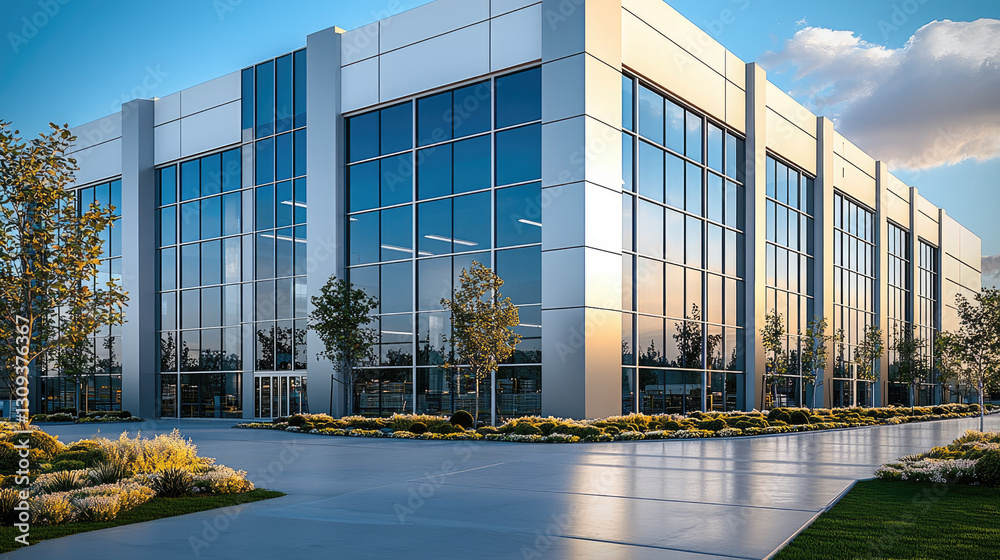 Poster modern factory building with large glass windows and landscaped surroundings, showcasing sleek desig