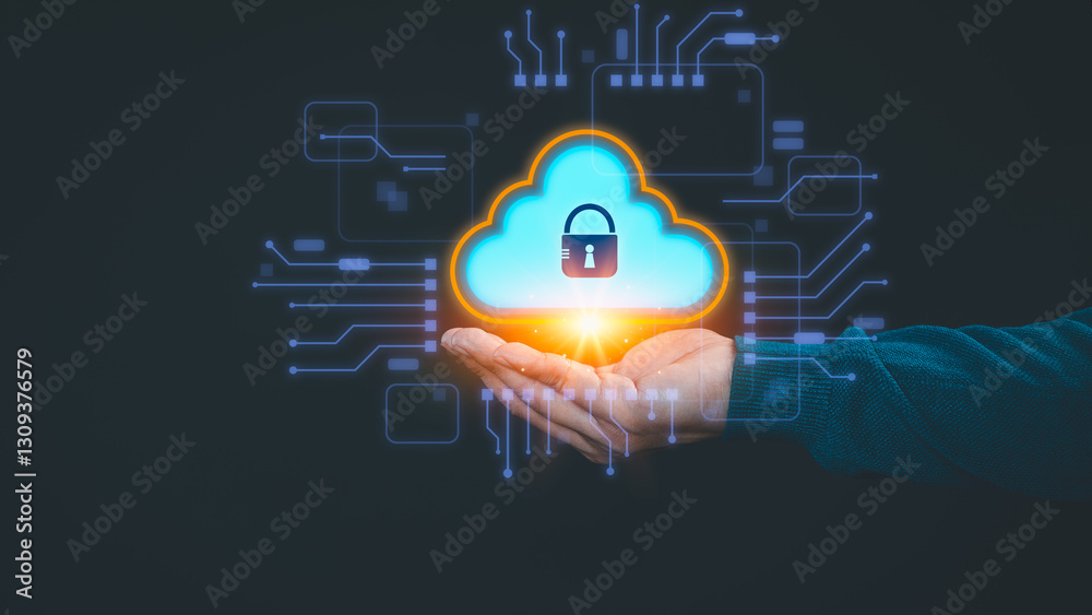 Poster person holding a glowing cloud icon with a security lock, surrounded by digital circuit lines, symbo