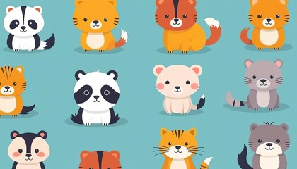 A colorful collection of cartoon animals including a panda, fox, bear, and tiger, set against a vibrant blue background.