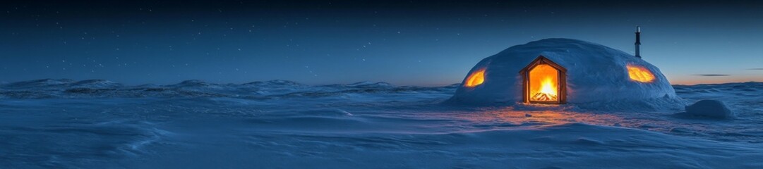 Igloo with Fire Burning Inside on a Clear Winter Night. Generative AI