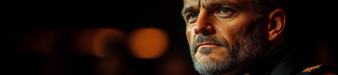 Obraz premium A man in military uniform with a serious expression deep in thought with a blurry background of lights. Generative AI