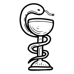 Snake coiling around cup. Hand drawn doodle. Medicine symbol. Hospital. Health care. Vector line art illustration.