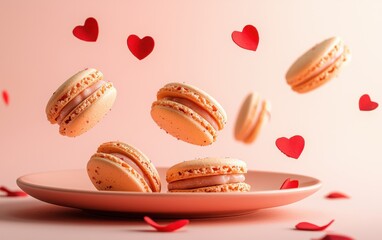 Of a Plate of heart-shaped macarons floating mid-air, with delicate rose petals and tiny red hearts on a pastel peach background