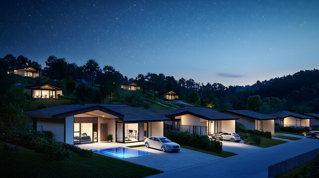 Luxury Houses at Night with Swimming Pool and Cars Under the Starry Sky