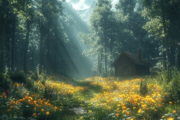 Enchanted Forest Cabin with Flowers