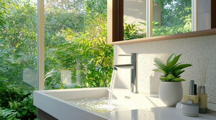 Refreshing scene with a polished chrome tap, flowing water, and gentle splashes in a modern sink.