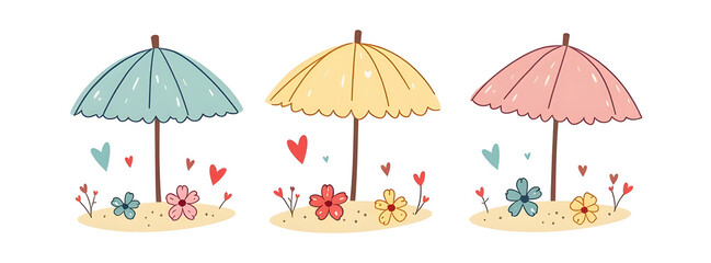 Colorful umbrellas with floral accents create a cheerful, whimsical illustration.