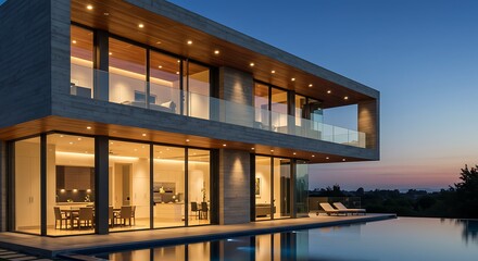 Obraz premium Modern Luxury Villa at Dusk with Infinity Pool
