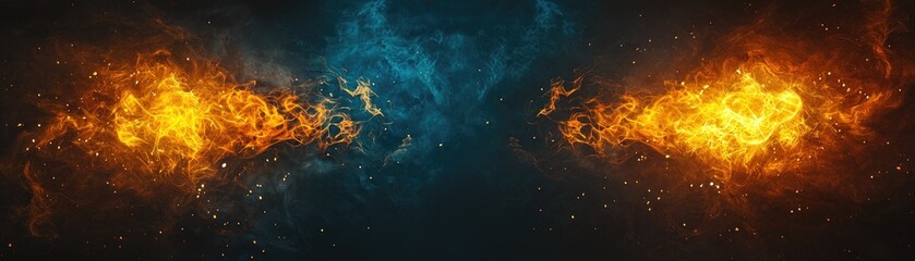 Fototapeta premium Fiery clash, dual flames, dark background, energy, game design