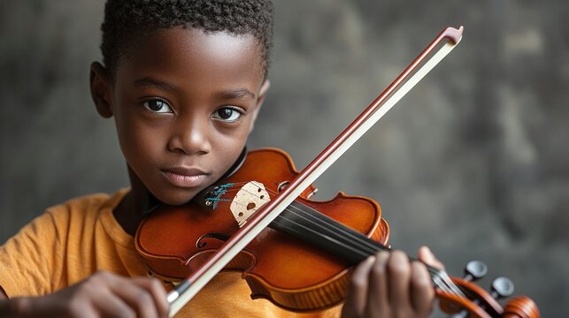 portrait of young african american child with violin talented boy musician practicing classical instrument performance student training music education cultural harmony and art concept