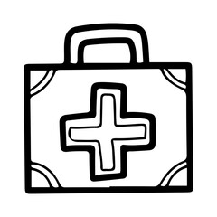 Obraz premium Doctor's bag. Hand drawn doodle. Box with medical instruments and medicines. Hospital equipment. Ambulance. Vector line art illustration.