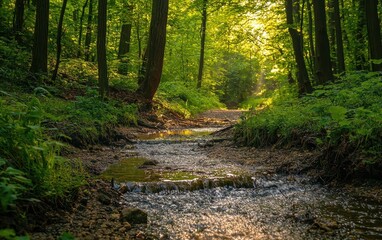 Fototapeta premium Small Spring Streams Flowing Through A Forest Path