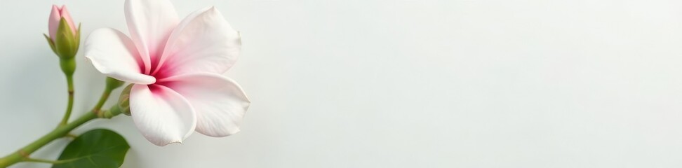 Fototapeta premium Single flower blooms against a soft white backdrop, gardenia, flower closeup