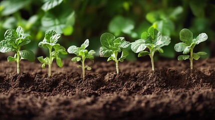 Young green plants growing in rich dark soil