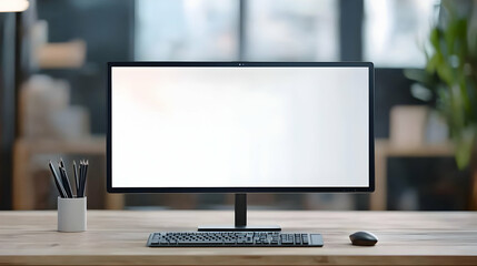 Modern Office Desk With Empty Computer Screen And Peripherals On Wooden Tabletop