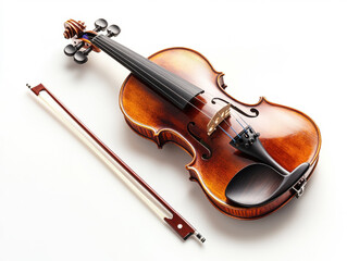 Naklejka premium Classic wooden violin with bow resting beside it on white background