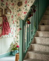 Interior decor with floral wallpaper on walls, vibrant soft pastels, lace, vintage furniture, and elegant stairs.